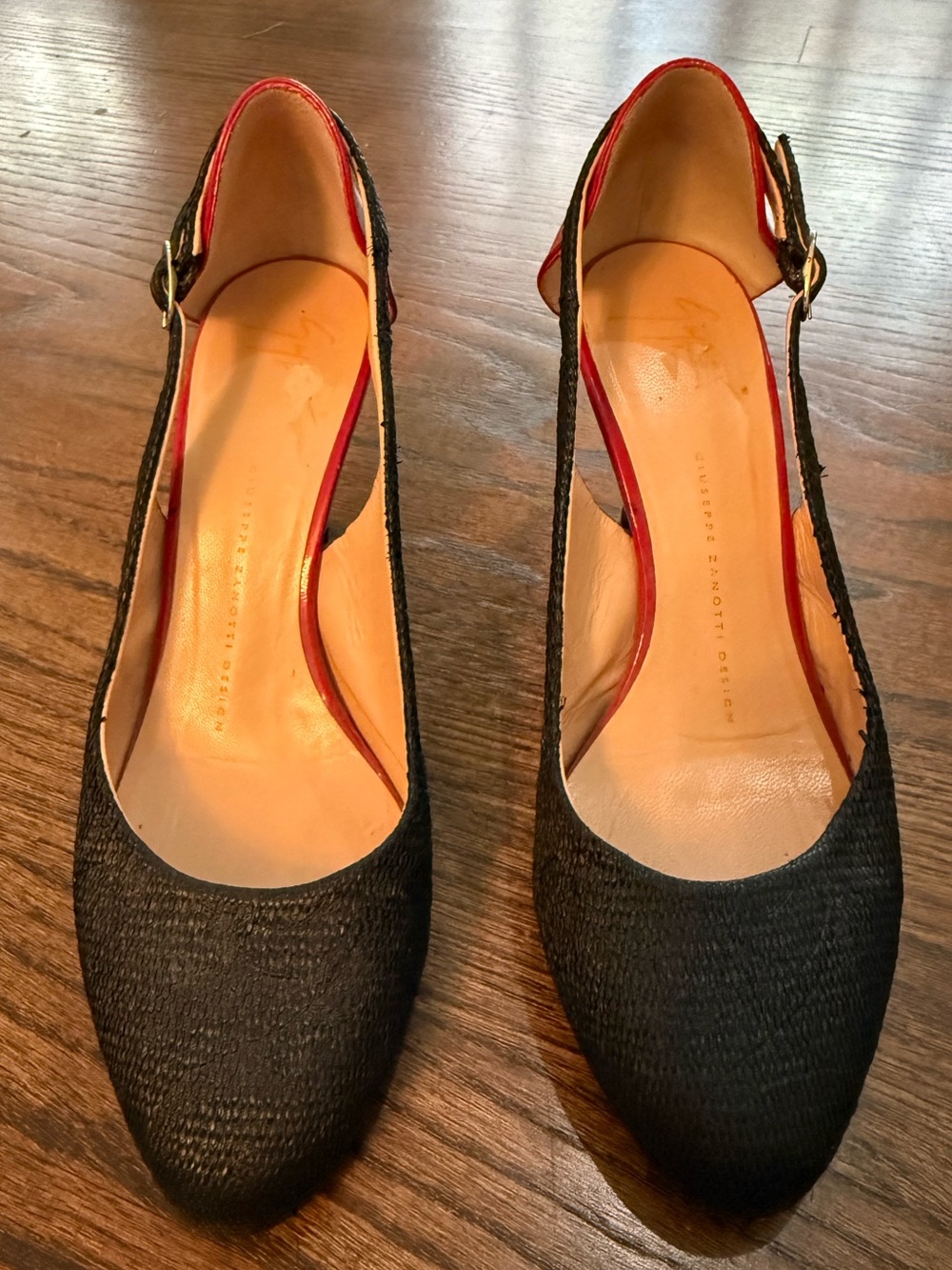 Giuseppe Zanotti Design Black Raffia & Red Patent Leather Slingback Heels — /8